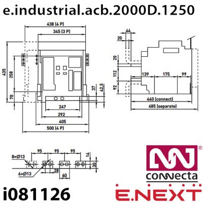 Повітряний автоматичний вимикач e.industrial.acb.2000D1250, викатний, 0,4кВ, 3Р, електронний розчіплювач, мотор-привід та РН